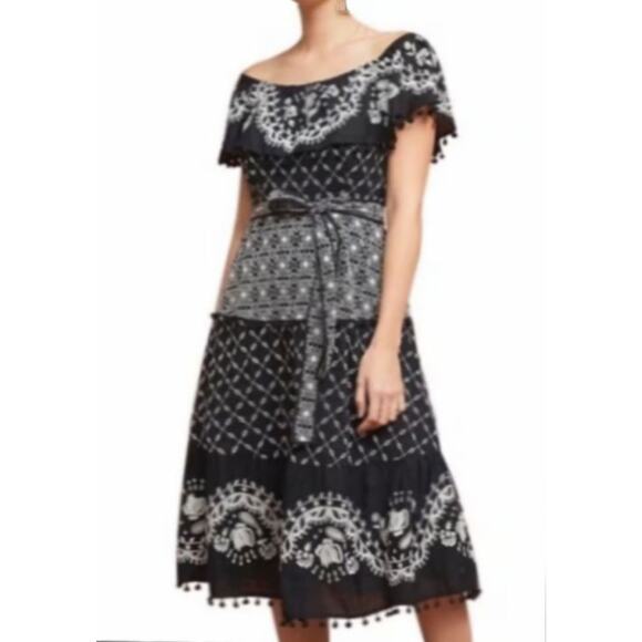 B0 NEW ANTHROPOLOGIE Marisol Black Cotton White Embroidery Dress Size US 6 EU 38 - Picture 1 of 7